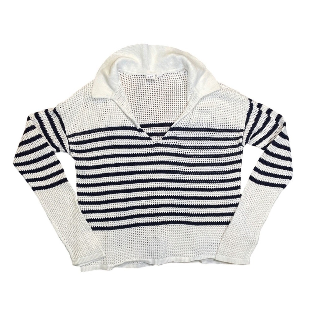 GAP Women's Blue Striped Collared Knit Sweater 100% Cotton White Navy‎ Blue Sz M